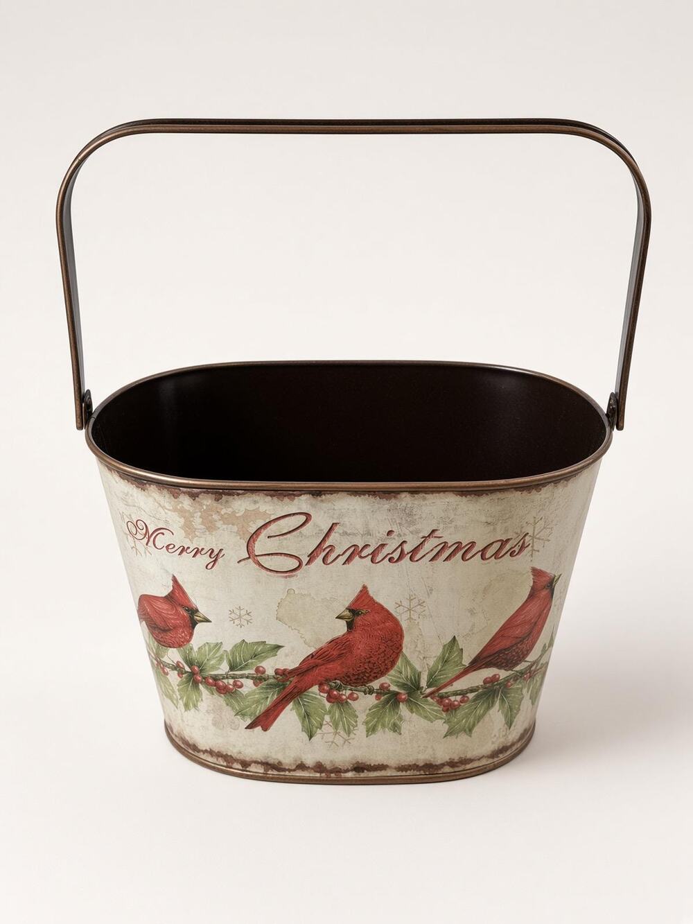 Cardinal Christmas Bucket, Vintage Metal Holiday Pail, Holly Bird Planter